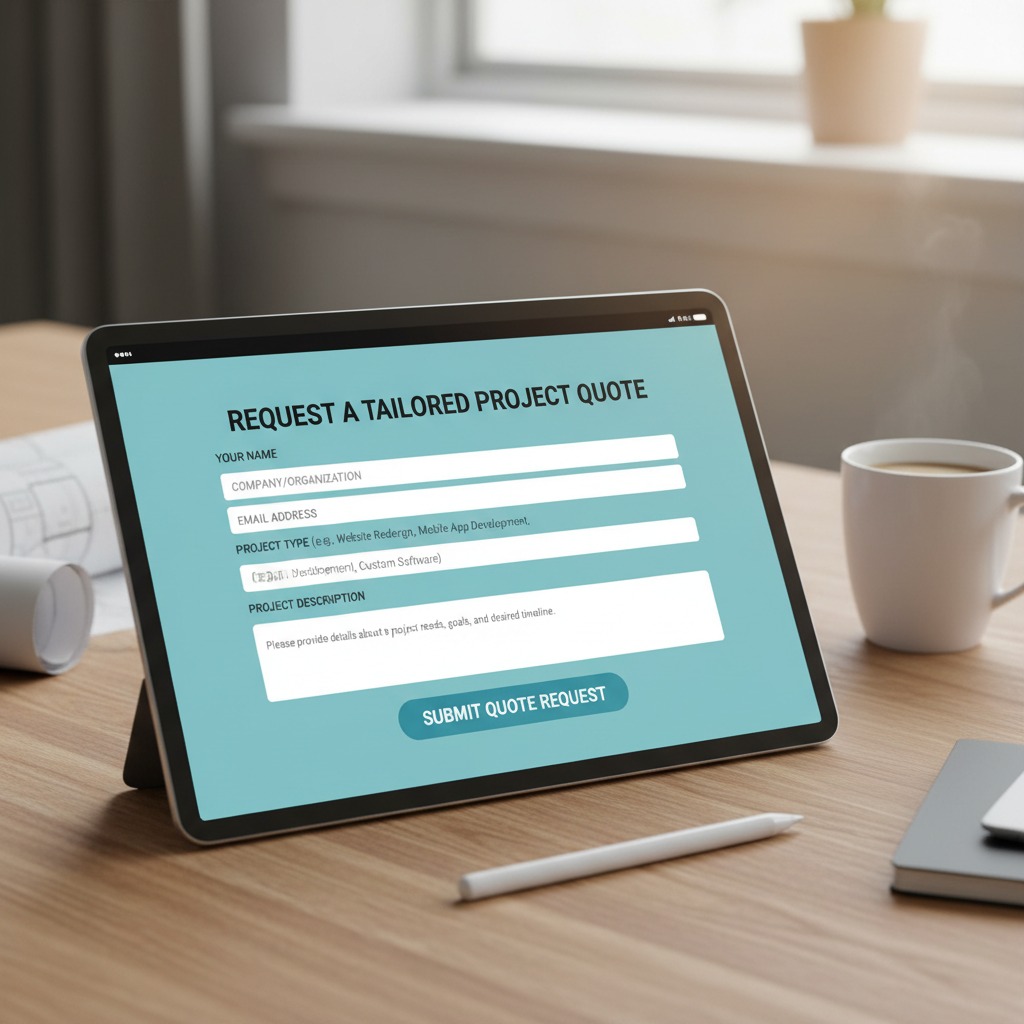 A tablet on a wooden desk displays a project quote request form with text input fields and a submit button.
